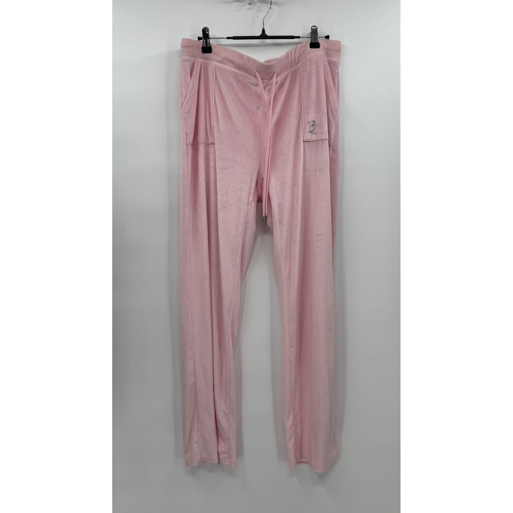 Juicy Couture L Velour Track‎ Pants Womens Pink Rhinestone Logo Y2K Wide Leg